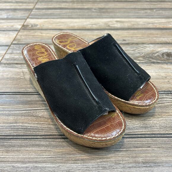 Sam Edelman Cork Black Leather Wedge Sandals Size 8 - Picture 2 of 7